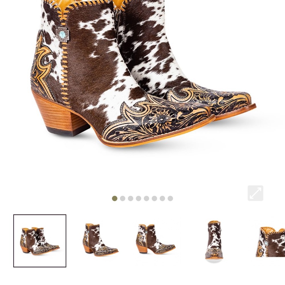 Myra Bag Cowhide Ankle Booties with stitched and scrollwork-look leather accents